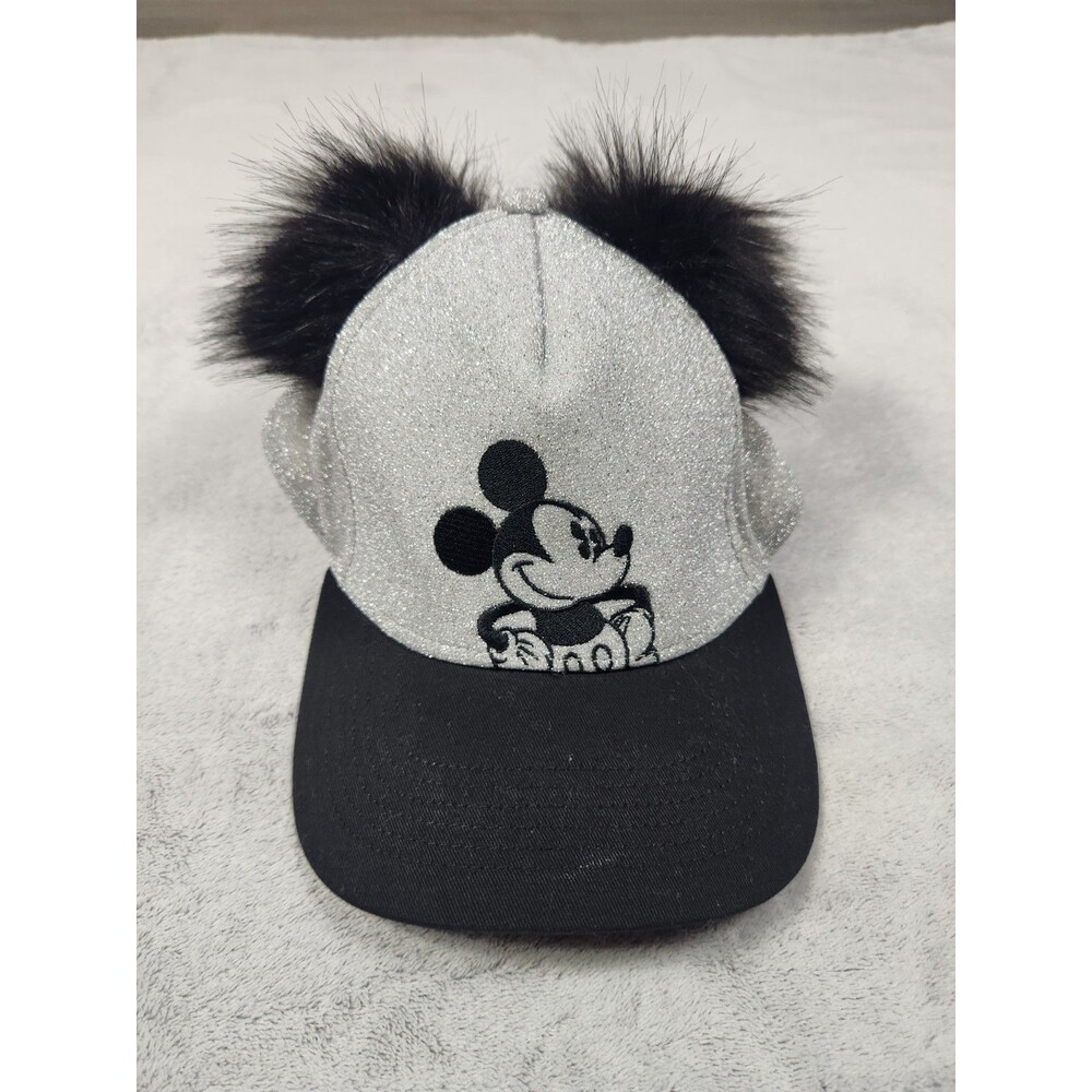 Disney Mickey Mouse Hat Youth Girls Silver Glitter Black Pom Pom Ears Snapback